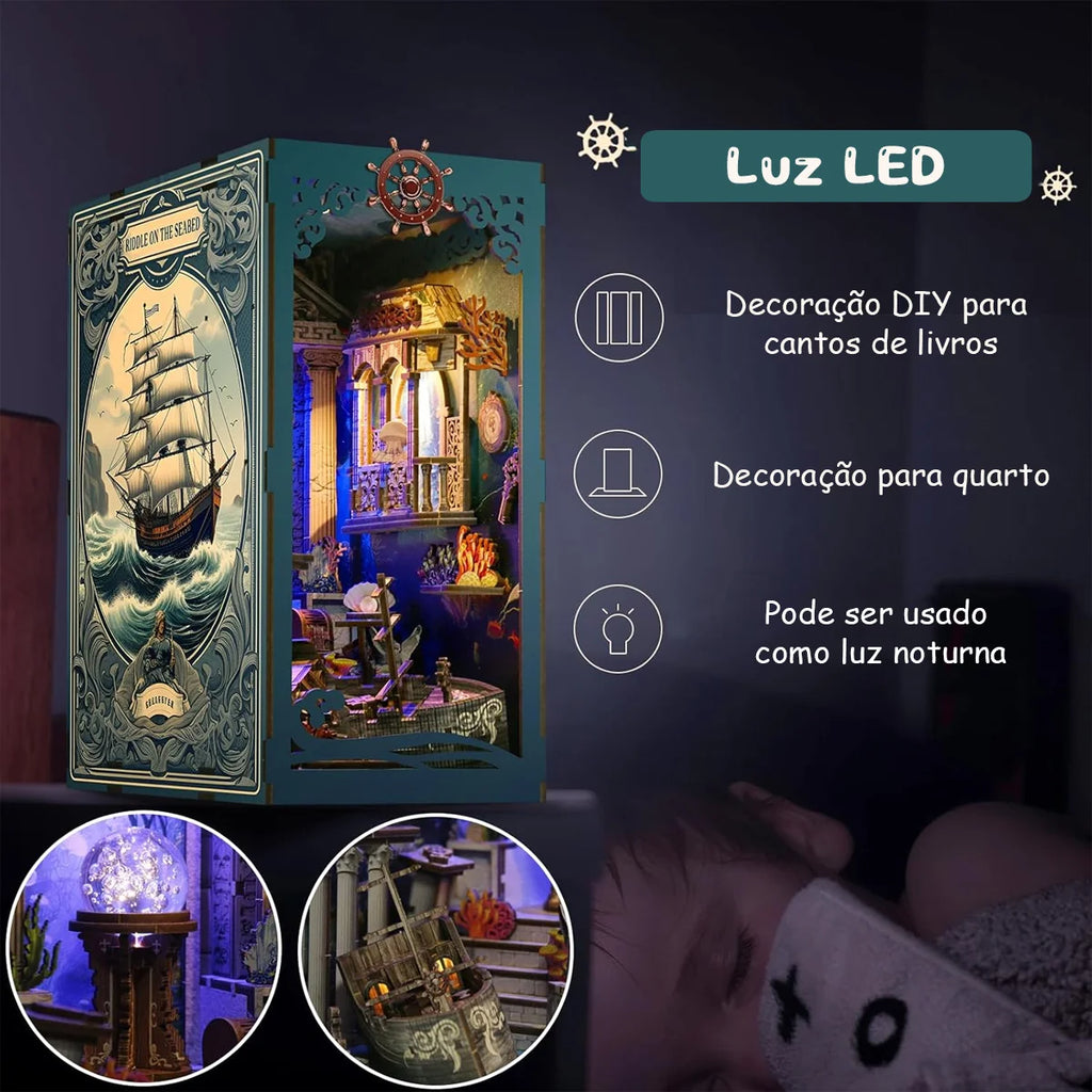 Bloco de Montar Cantinho De Leitura Tema Oceano Misterioso Puzzle QuebraCabeça Miniatura de Madeira com Luzes LED Brastoy DIY