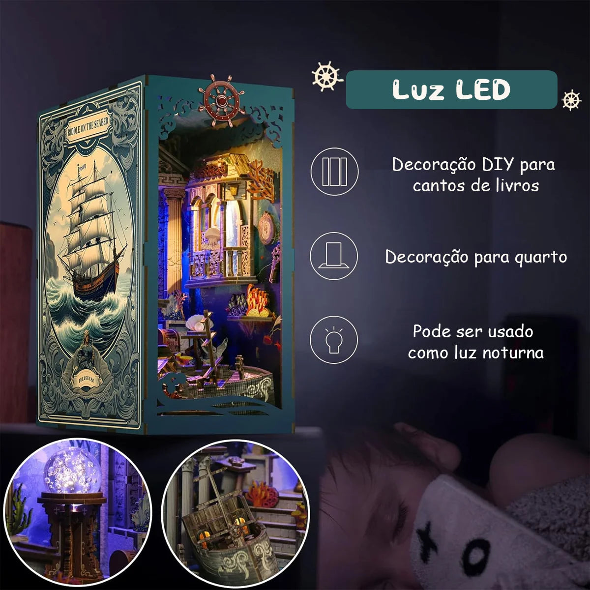 Bloco de Montar Cantinho De Leitura Tema Oceano Misterioso Puzzle QuebraCabeça Miniatura de Madeira com Luzes LED Brastoy DIY