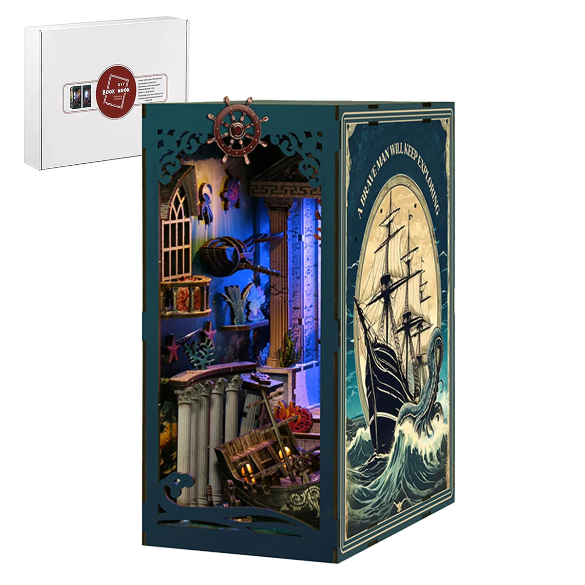 Bloco de Montar Cantinho De Leitura Tema Oceano Misterioso Puzzle QuebraCabeça Miniatura de Madeira com Luzes LED Brastoy DIY
