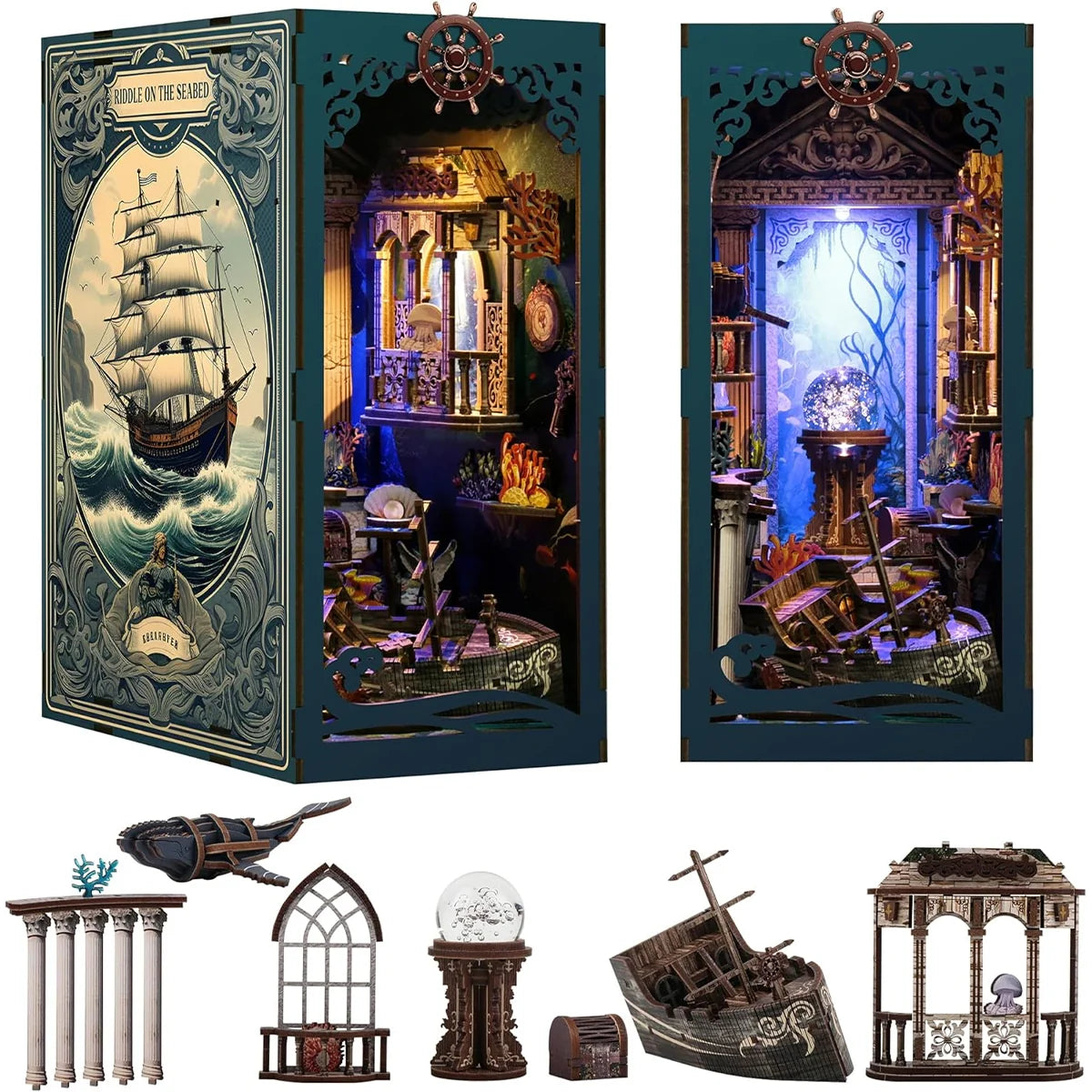 Bloco de Montar Cantinho De Leitura Tema Oceano Misterioso Puzzle QuebraCabeça Miniatura de Madeira com Luzes LED Brastoy DIY