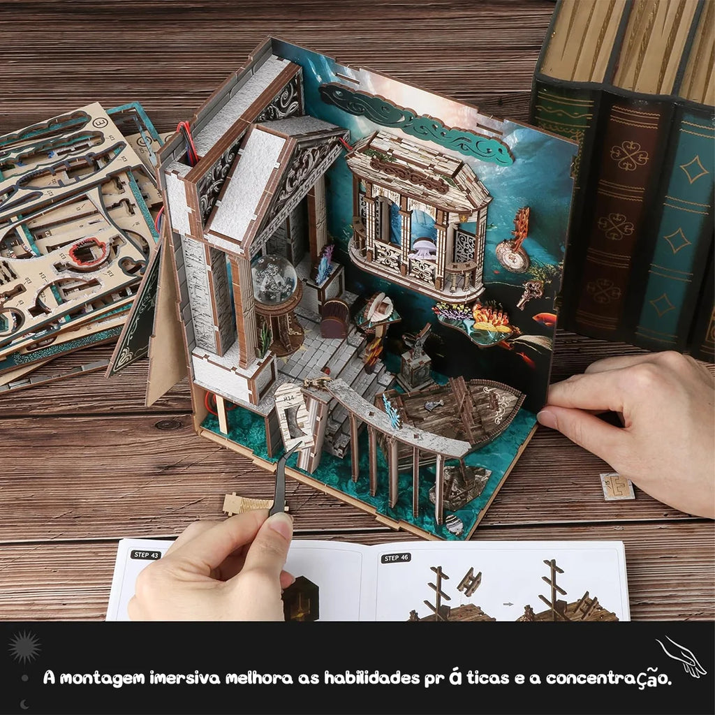 Bloco de Montar Cantinho De Leitura Tema Oceano Misterioso Puzzle QuebraCabeça Miniatura de Madeira com Luzes LED Brastoy DIY