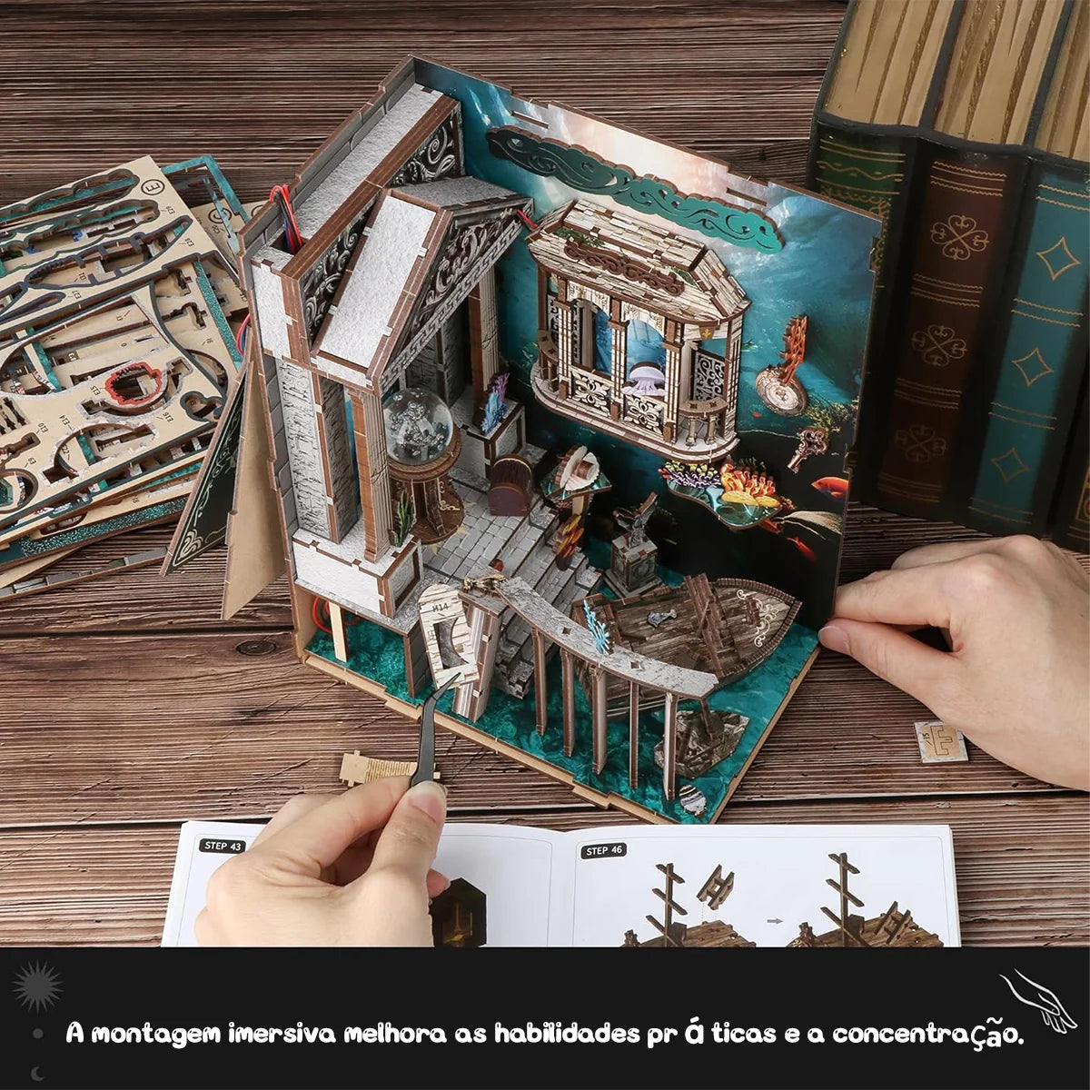 Bloco de Montar Cantinho De Leitura Tema Oceano Misterioso Puzzle QuebraCabeça Miniatura de Madeira com Luzes LED Brastoy DIY