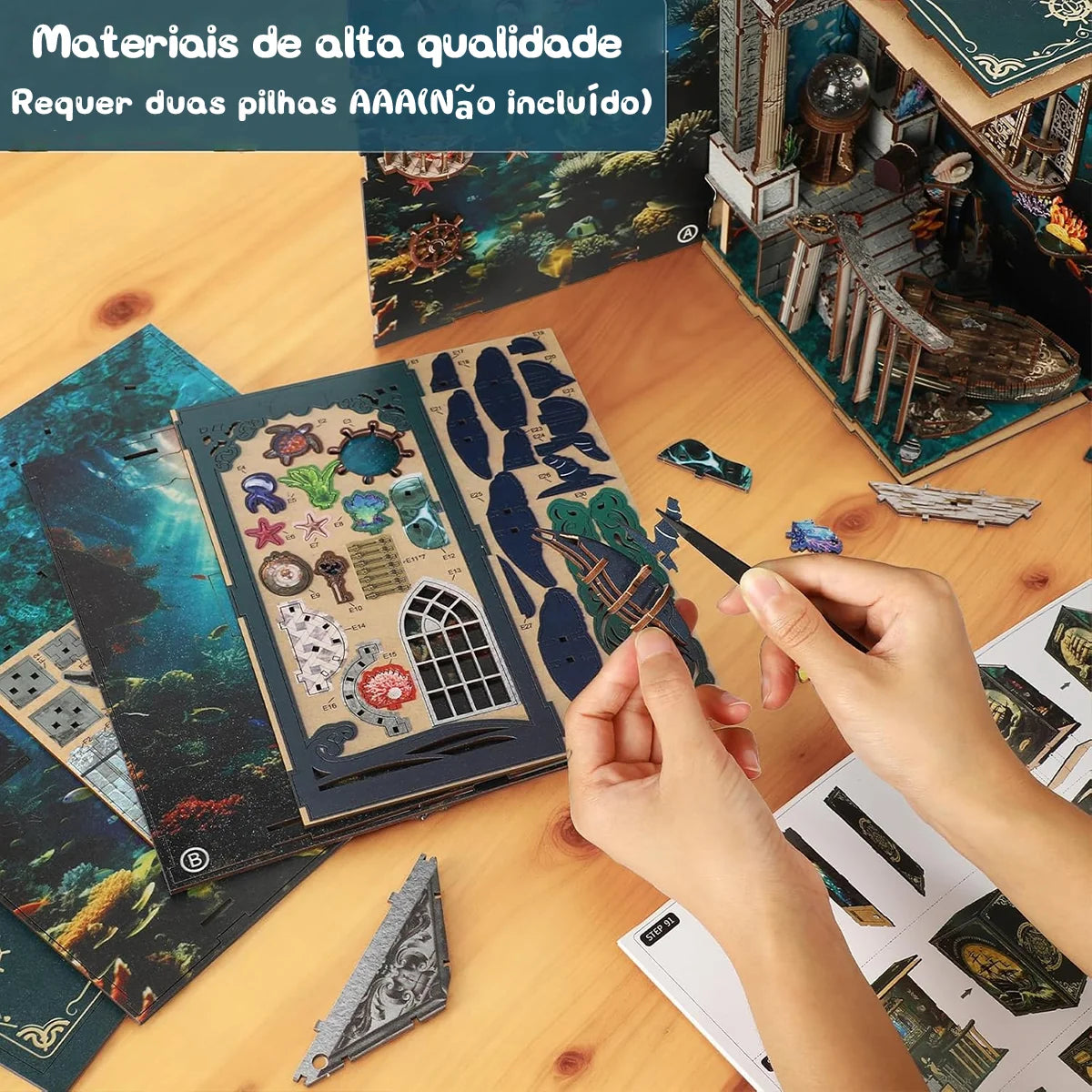 Bloco de Montar Cantinho De Leitura Tema Oceano Misterioso Puzzle QuebraCabeça Miniatura de Madeira com Luzes LED Brastoy DIY