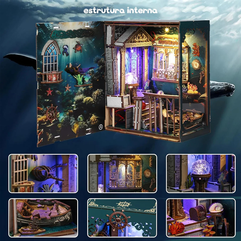 Bloco de Montar Cantinho De Leitura Tema Oceano Misterioso Puzzle QuebraCabeça Miniatura de Madeira com Luzes LED Brastoy DIY