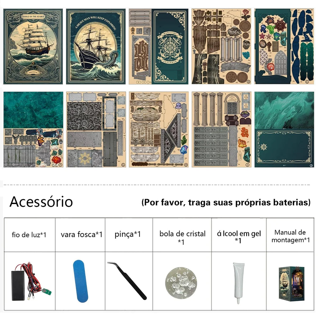 Bloco de Montar Cantinho De Leitura Tema Oceano Misterioso Puzzle QuebraCabeça Miniatura de Madeira com Luzes LED Brastoy DIY