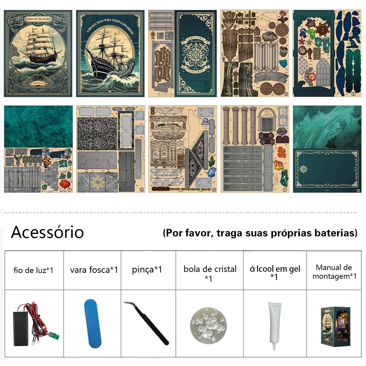 Bloco de Montar Cantinho De Leitura Tema Oceano Misterioso Puzzle QuebraCabeça Miniatura de Madeira com Luzes LED Brastoy DIY