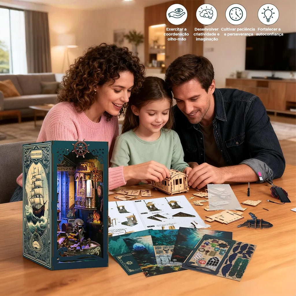 Bloco de Montar Cantinho De Leitura Tema Oceano Misterioso Puzzle QuebraCabeça Miniatura de Madeira com Luzes LED Brastoy DIY