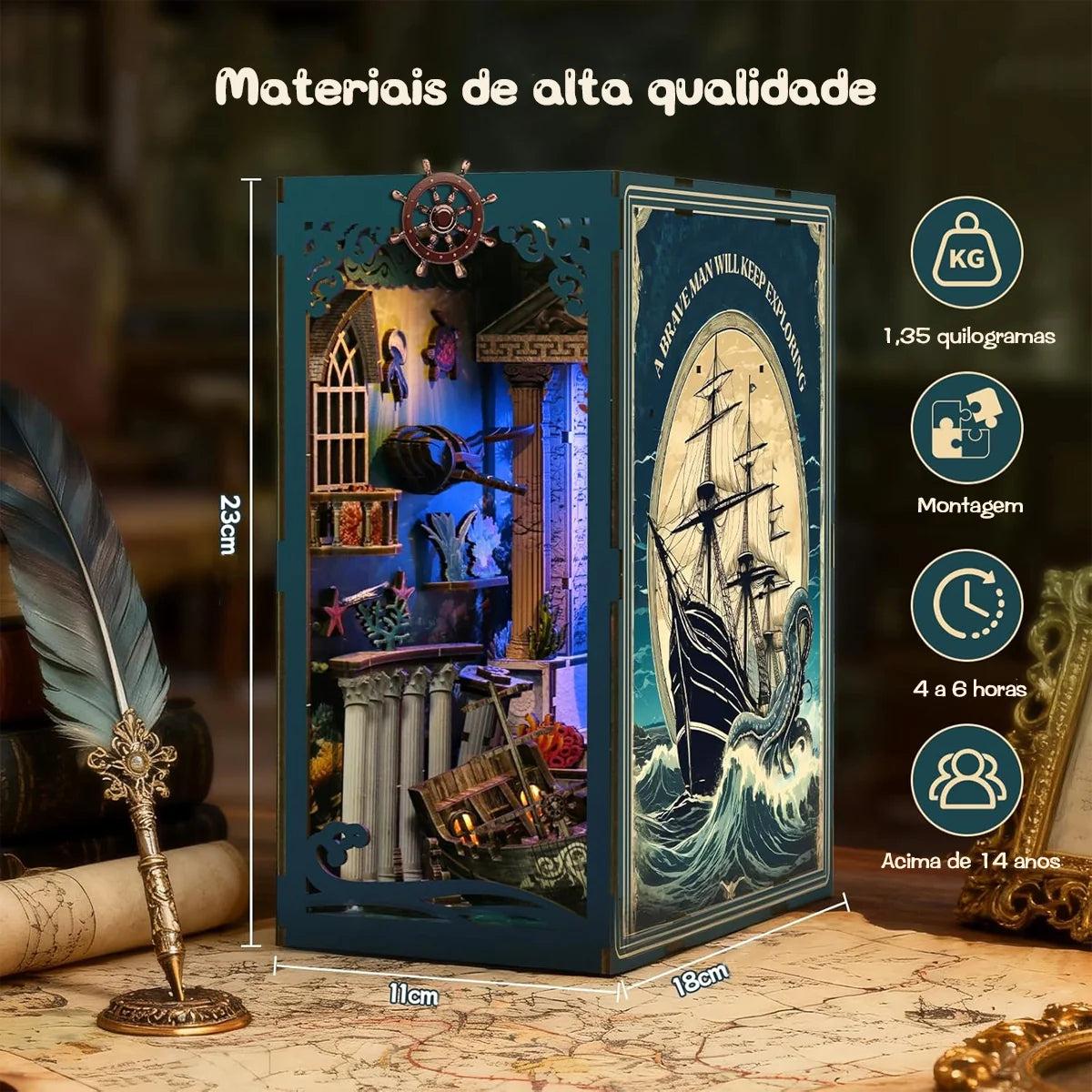 Bloco de Montar Cantinho De Leitura Tema Oceano Misterioso Puzzle QuebraCabeça Miniatura de Madeira com Luzes LED Brastoy DIY