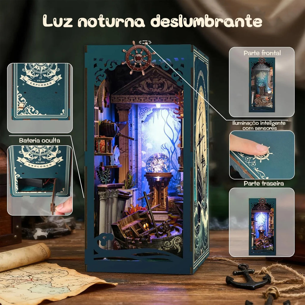 Bloco de Montar Cantinho De Leitura Tema Oceano Misterioso Puzzle QuebraCabeça Miniatura de Madeira com Luzes LED Brastoy DIY