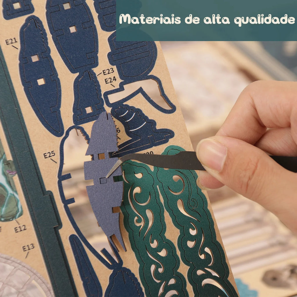 Bloco de Montar Cantinho De Leitura Tema Oceano Misterioso Puzzle QuebraCabeça Miniatura de Madeira com Luzes LED Brastoy DIY