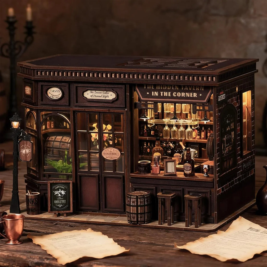 Bloco de Montar Taberma Puzzle QuebraCabeça Miniatura de Madeira com Luzes LED Brastoy DIY