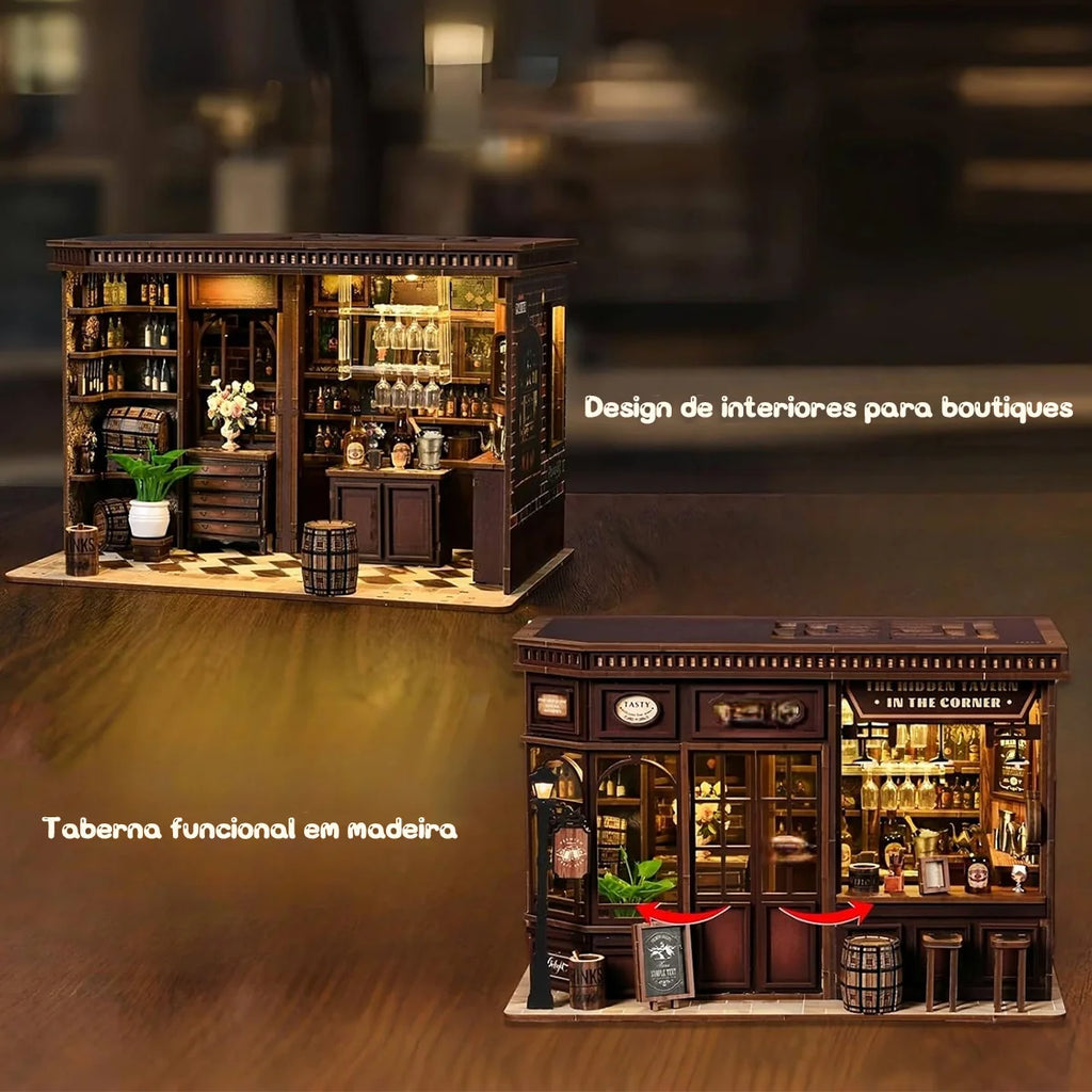 Bloco de Montar Taberma Puzzle QuebraCabeça Miniatura de Madeira com Luzes LED Brastoy DIY