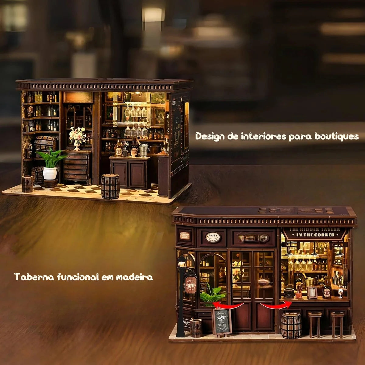 Bloco de Montar Taberma Puzzle QuebraCabeça Miniatura de Madeira com Luzes LED Brastoy DIY