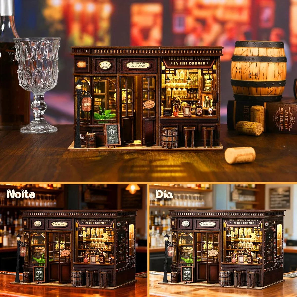 Bloco de Montar Taberma Puzzle QuebraCabeça Miniatura de Madeira com Luzes LED Brastoy DIY