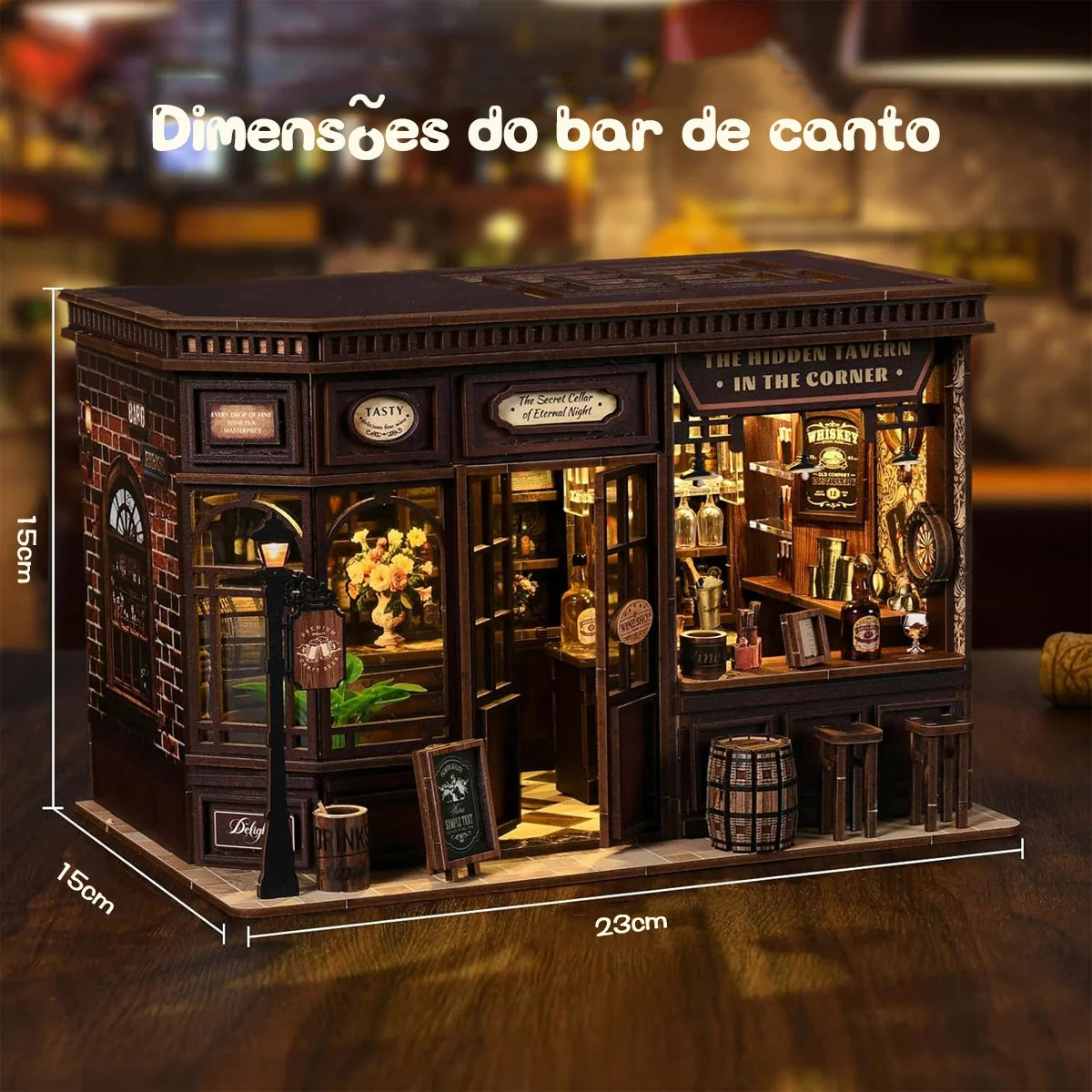 Bloco de Montar Taberma Puzzle QuebraCabeça Miniatura de Madeira com Luzes LED Brastoy DIY