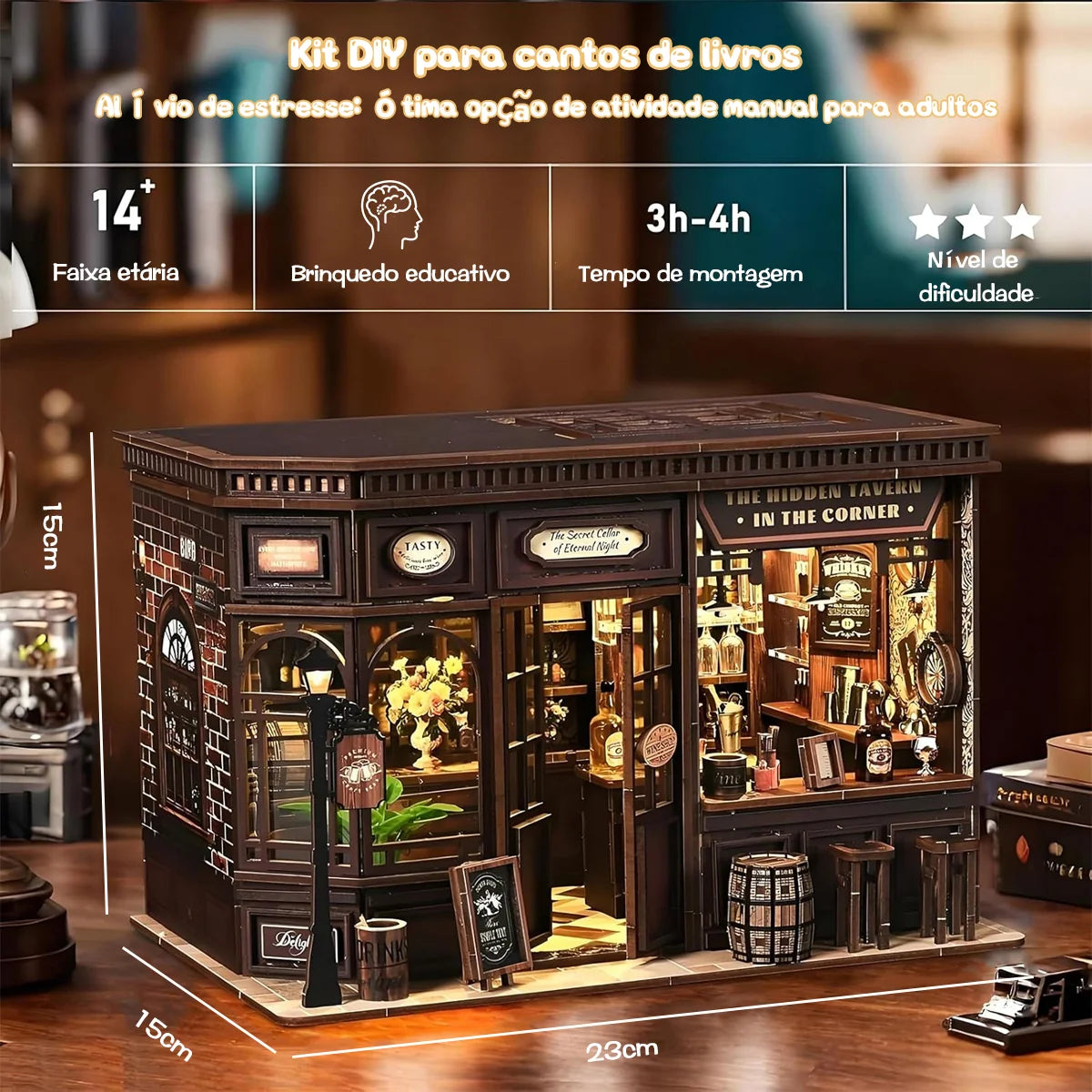 Bloco de Montar Taberma Puzzle QuebraCabeça Miniatura de Madeira com Luzes LED Brastoy DIY