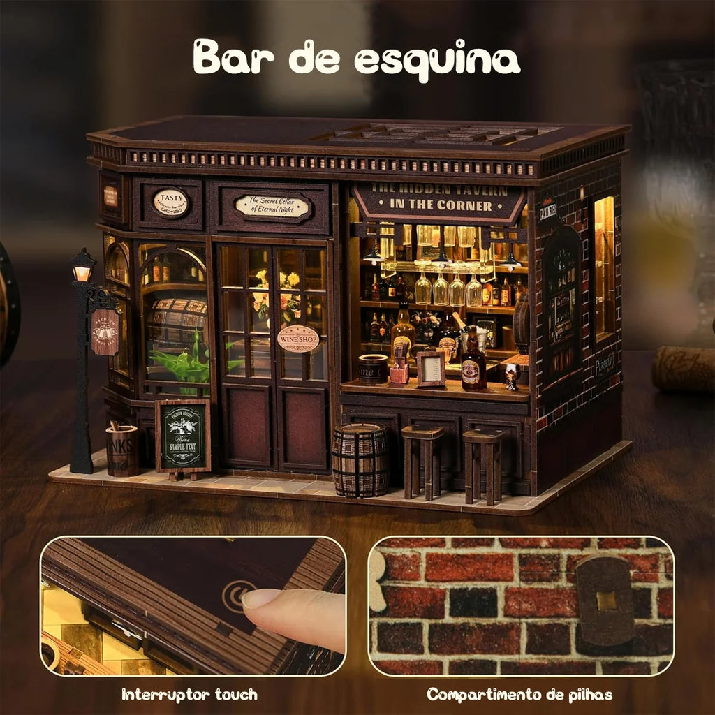 Bloco de Montar Taberma Puzzle QuebraCabeça Miniatura de Madeira com Luzes LED Brastoy DIY