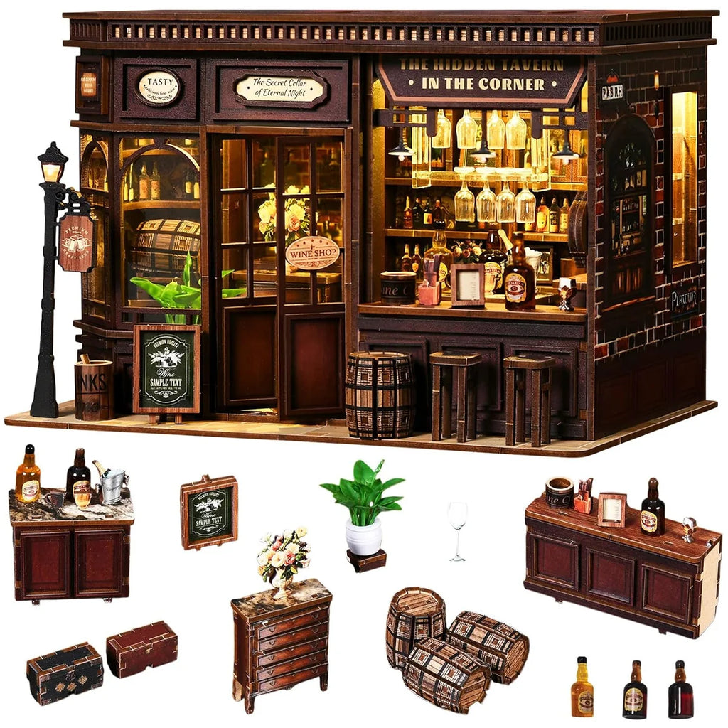 Bloco de Montar Taberma Puzzle QuebraCabeça Miniatura de Madeira com Luzes LED Brastoy DIY