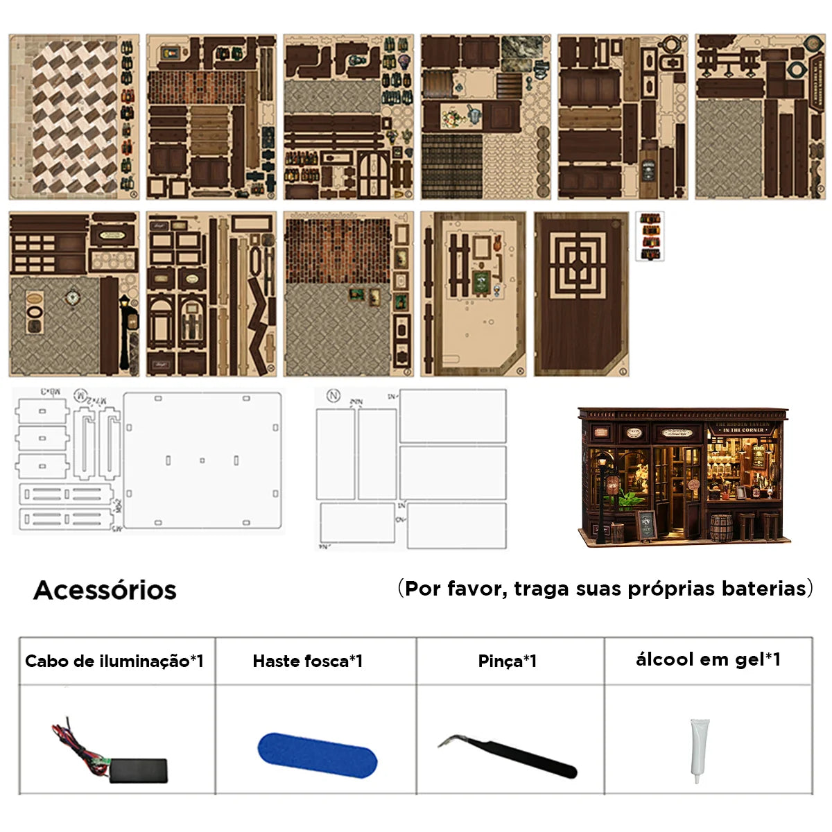 Bloco de Montar Taberma Puzzle QuebraCabeça Miniatura de Madeira com Luzes LED Brastoy DIY