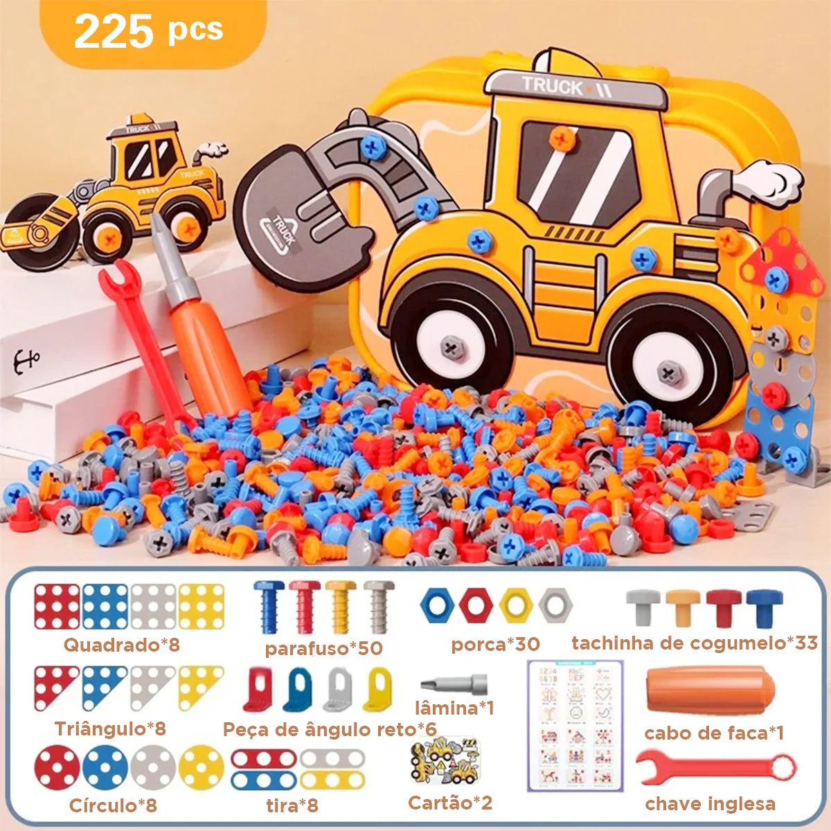 Brinquedo Educativo Kit Ferramentas Infantil Parafusadeira Brastoy Amarelo 225 Peças