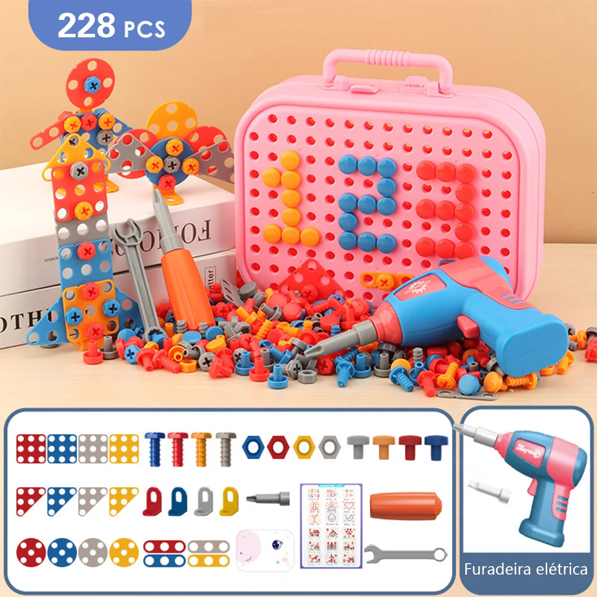 Brinquedo Educativo Kit Ferramentas Infantil Parafusadeira Brastoy Rosa 228 Peças