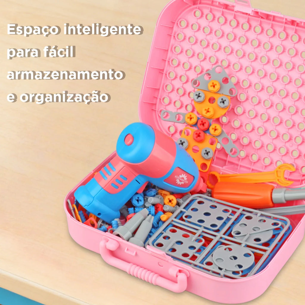 Brinquedo Educativo Kit Ferramentas Infantil Parafusadeira Brastoy Rosa 228 Peças