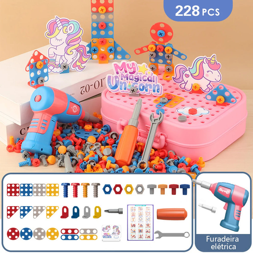 Brinquedo Educativo Kit Ferramentas Infantil Parafusadeira Brastoy Rosa 228 Peças